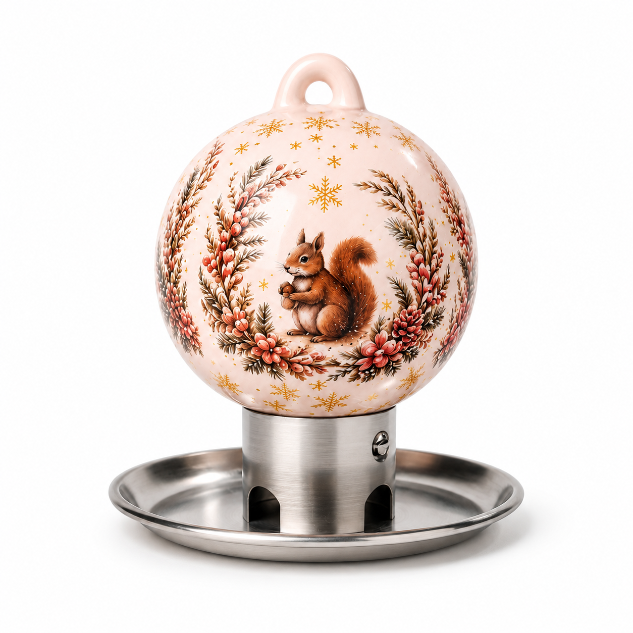 Witte premium vogelvoerbal van porselein met eekhoornmotief, weerbestendige vogelvoerbak voor inheemse tuinvogels