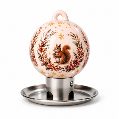 Witte premium vogelvoerbal van porselein met eekhoornmotief, weerbestendige vogelvoerbak voor inheemse tuinvogels