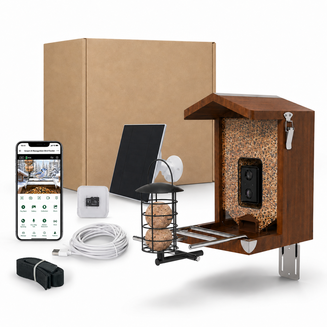Vogelvoederhuisje met camera en voederbak – complete set met zonnepaneel en accessoires