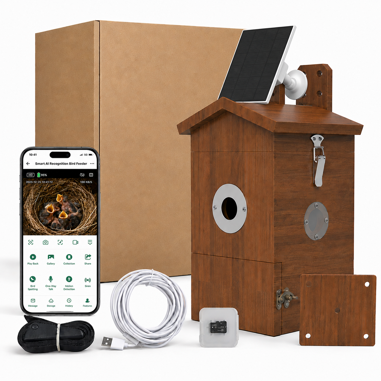 Vogelhuisje met camera – Live vogels spotten via je smartphone. Complete set met zonnepaneel en accessoires