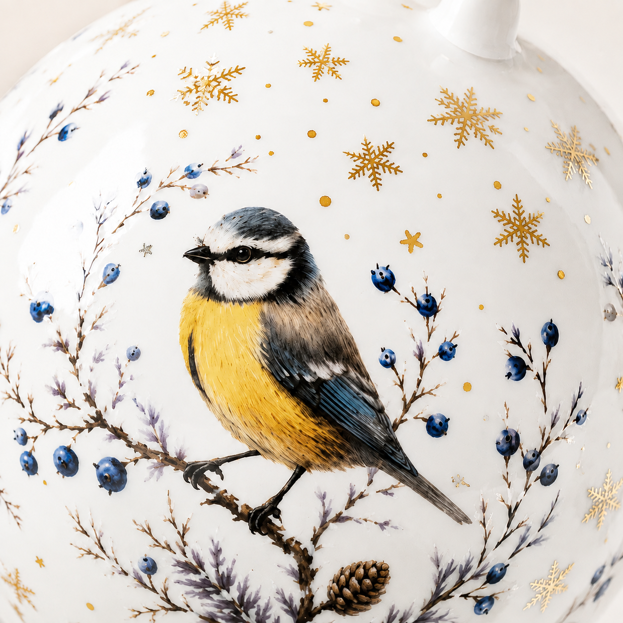 Nahaufnahme Premium Porzellan Vogelfutterspender mit detailreichem Amsel Motiv und feinen Goldakzenten