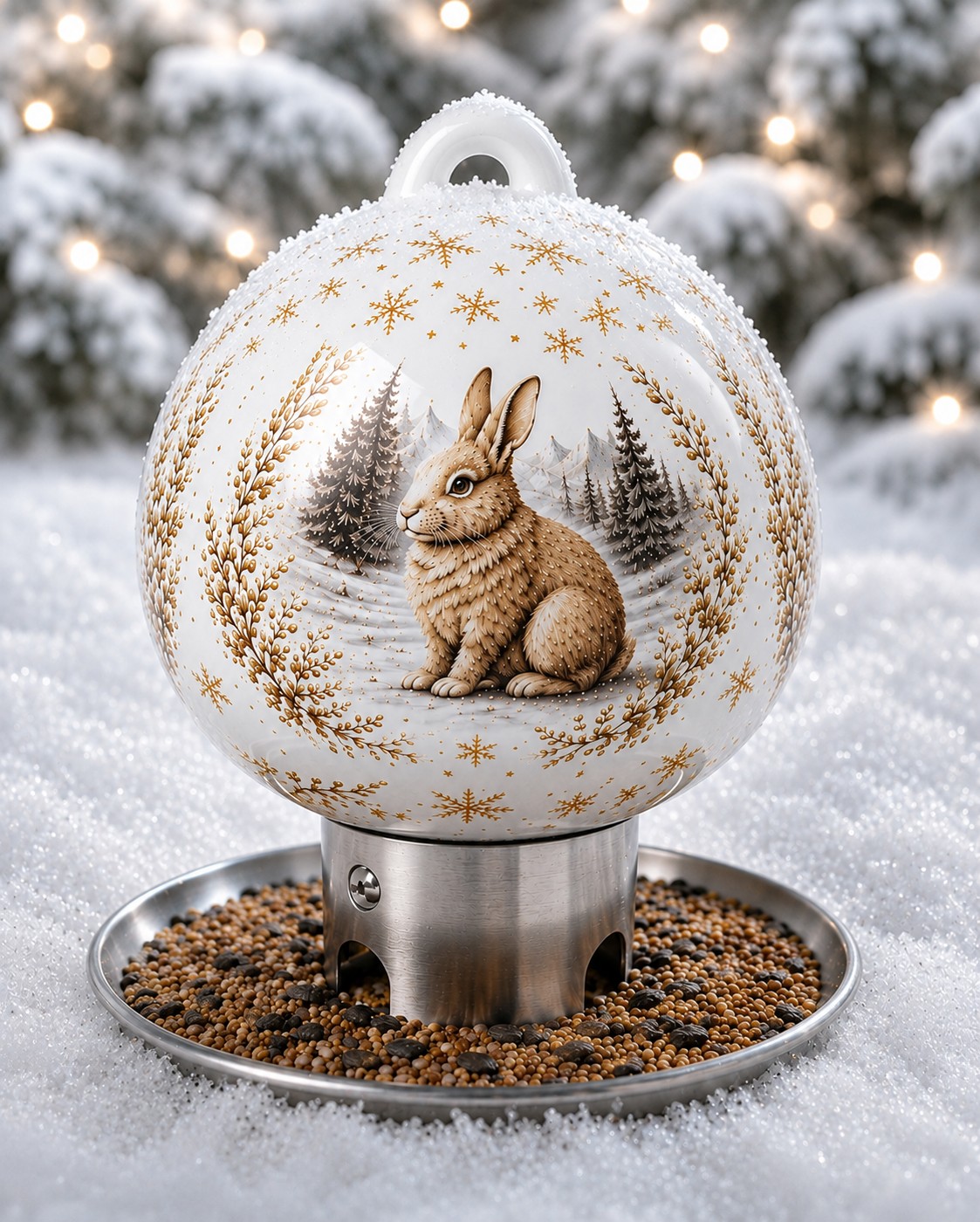 Nahaufnahme Premium Porzellan Vogelfutterspender mit winterlichem Schneehase Motiv und feinen Goldakzenten