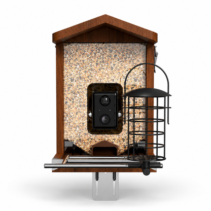 Houten vogelhuisje met camera en zonnepaneel, slim nestkastje met HD-camera, voederbak voor inheemse tuinvogels