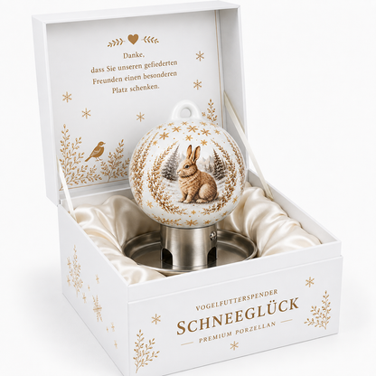 Witte premium vogelvoerbal met sneeuwhaasmotief in een hoogwaardige geschenkverpakking voor natuurliefhebbers en vogelliefhebbers