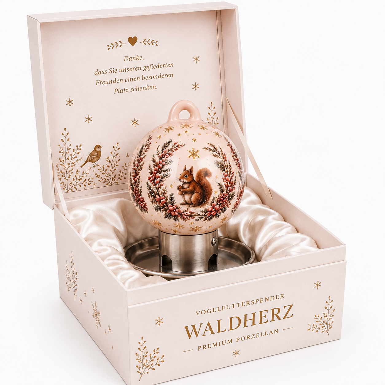 Witte premium vogelvoerbal met eekhoornmotief in een hoogwaardige geschenkverpakking voor natuurliefhebbers en vogelliefhebbers