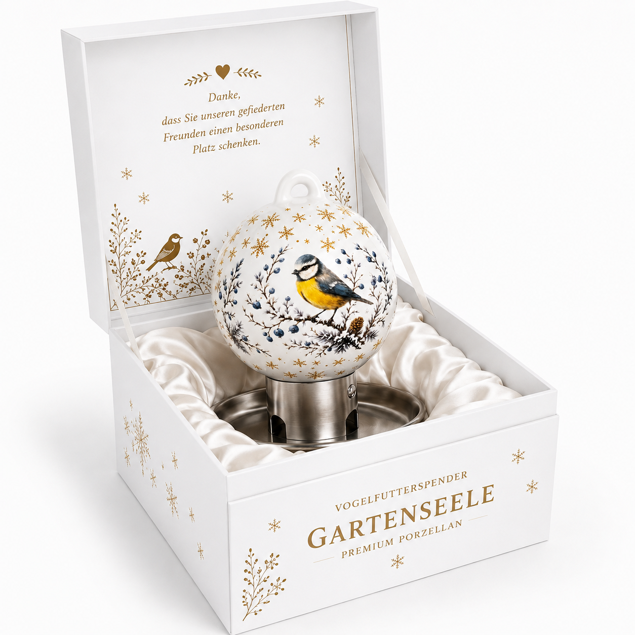 Witte premium vogelvoerbal met een afbeelding van een pimpelmees in een luxe geschenkverpakking voor vogelliefhebbers