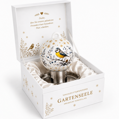 Witte premium vogelvoerbal met een afbeelding van een pimpelmees in een luxe geschenkverpakking voor vogelliefhebbers