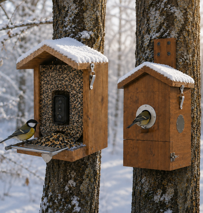 Houten vogelhuisje met camera en zonnepaneel in een winterse tuin om inheemse wilde vogels te observeren