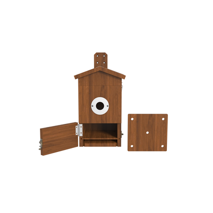 Holz‑Vogelhaus mit weißem Einflugloch‑Ring (für Kamera), geöffneter Reinigungsöffnung und abgenommener Montageplatte, Frontansicht