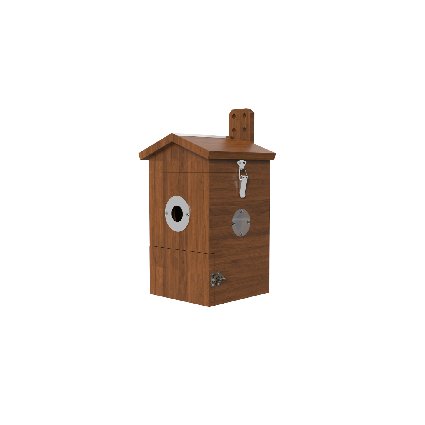 Holz-Vogelhaus mit rundem Einflugloch, seitlichem Kamerafenster, Metallverschluss und Montageplatte