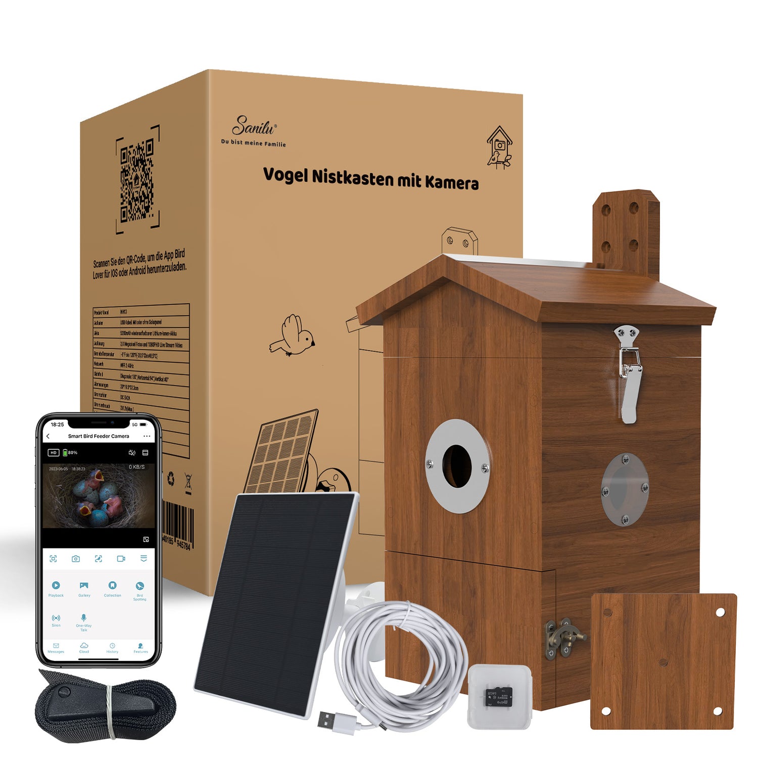 Vogelhaus aus Holz mit integrierter Kamera, Solarpanel, USB-Kabel, Smartphone-App-Anzeige und Montagezubehör