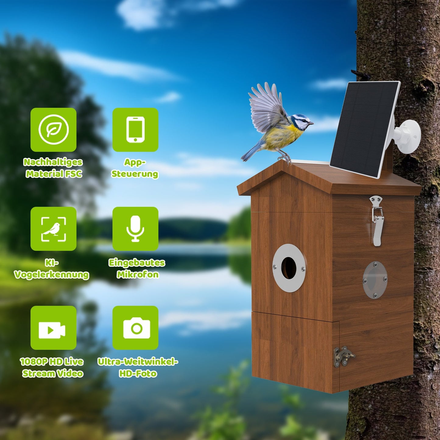 Vogel Nistkasten mit Solar-Kamera an einem Baum, Blaumeise auf dem Dach, daneben grüne Icons für App‑Steuerung, KI‑Vogelerkennung, eingebautes Mikrofon, 1080p Live‑Stream und Weitwinkel‑HD‑Foto, Seehintergrund