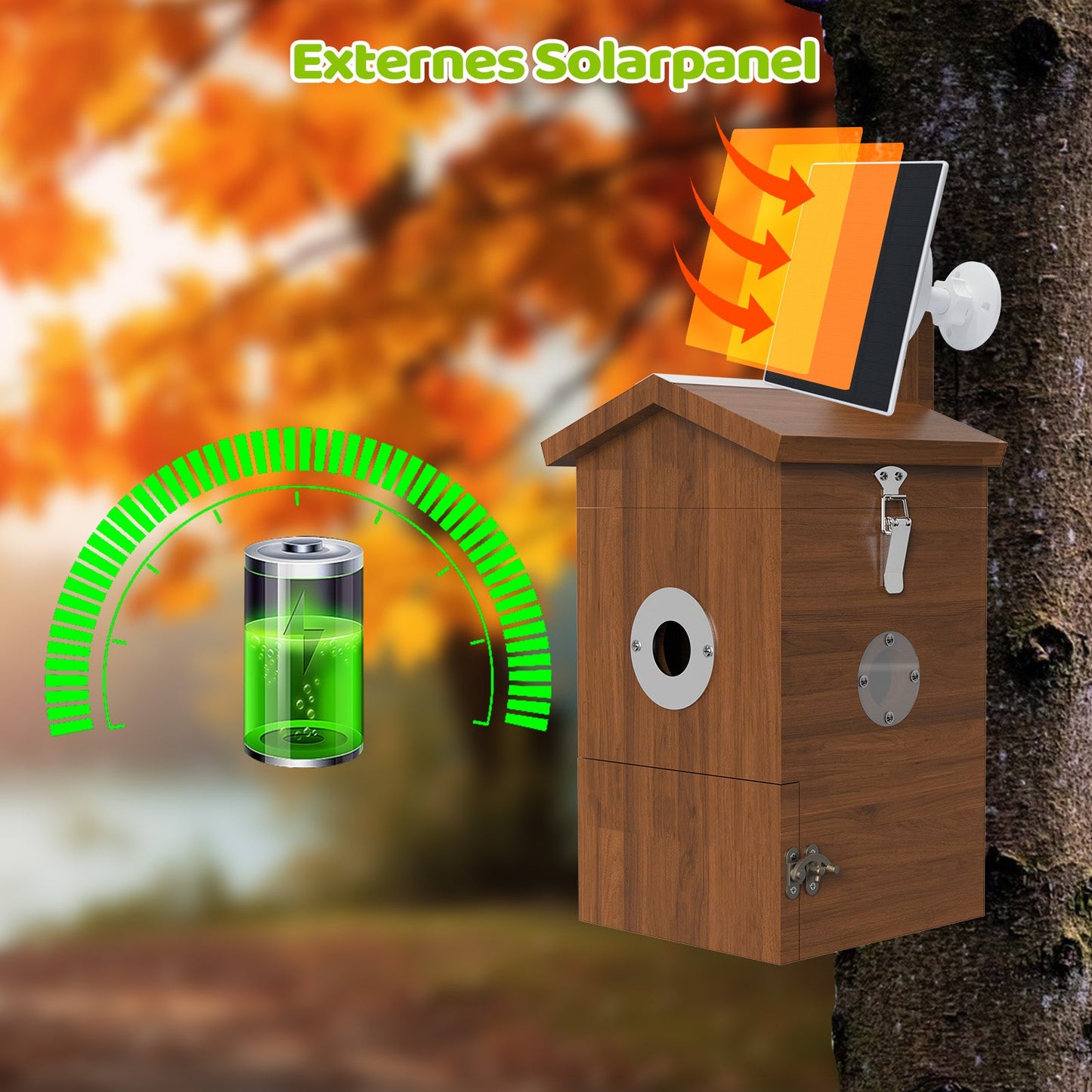 Vogel Nistkasten aus Holz mit montiertem externen Solarpanel am Baum, grünes Batterie-Ladesymbol und Ladeanzeige vor herbstlichem Hintergrund