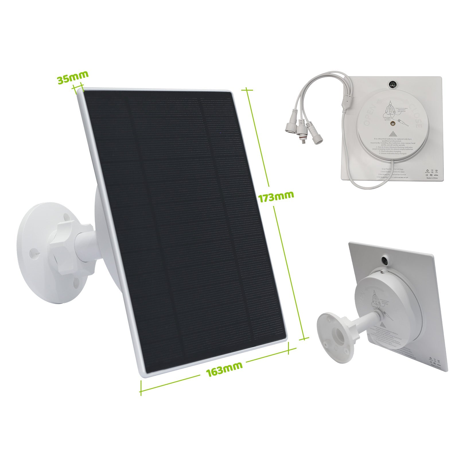 Solarmodul für Vogelhaus-Kamera mit verstellbarer Wandhalterung und Anschlusskabel, Vorder- und Rückansicht, Maße 173×163×35 mm