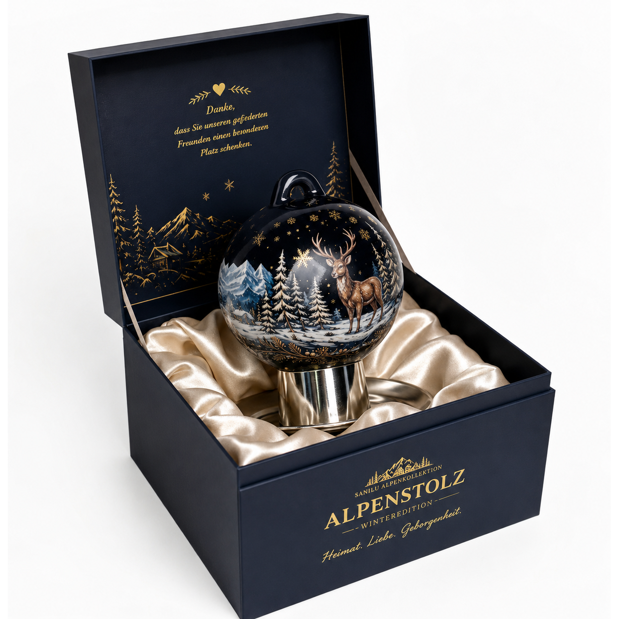 Blauwe premium vogelvoerbal met hertenmotief in een exclusieve geschenkverpakking, een stijlvol cadeau-idee voor vogelliefhebbers