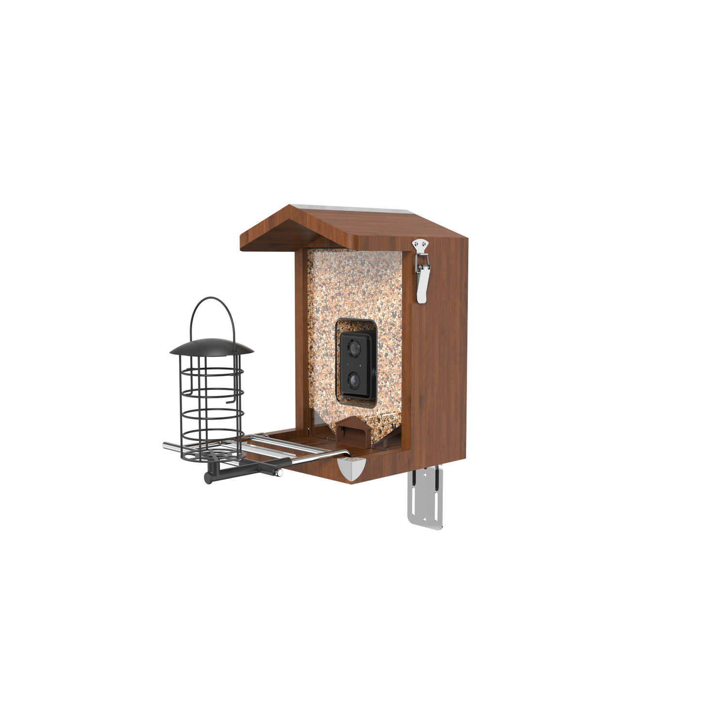 Vogelhaus aus Holz mit integriertem Kameramodul im transparenten Futtersilo, seitlichem Metall-Futtergitter für Meisenknödel, Sitzstange und Wandmontage