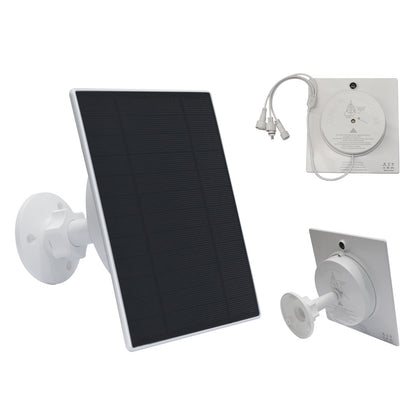Solarmodul mit verstellbarer weißer Wandhalterung und separaten Anschlusskabeln für Überwachungskamera
